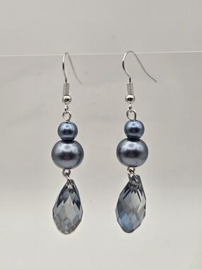 Silver-Tone Grey Glass Pearls and Crystal Drop Earrings - Women Jewelry